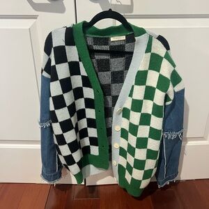 Checkered Cardigan with Denim Sleeves